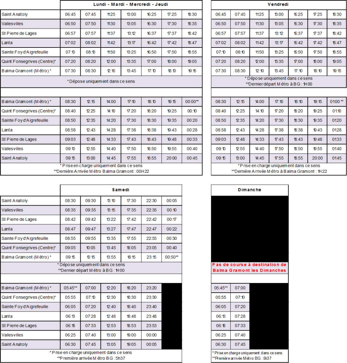 Horaires TAD