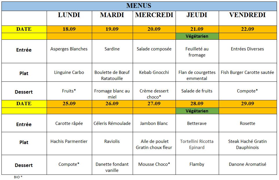 Menu du 18 septembre au 29 septembre 2023