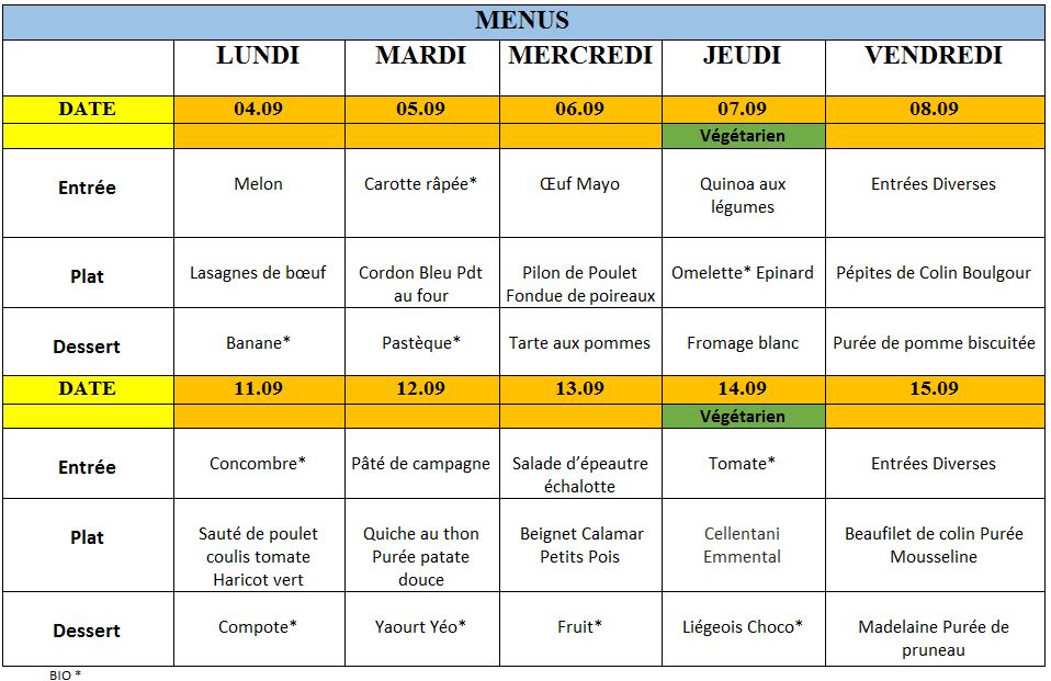 Menu du 4 septembre au 15 septembre